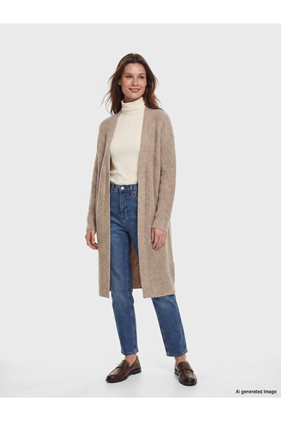 LC Waikiki Lcw Modest Beige Shawl Collar Oversize Women's Knitwear Cardigan