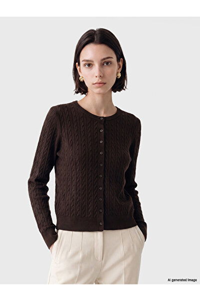LC Waikiki Lcw Modest Brown Hair Braid Patterned Women's Knitwear Cardigan