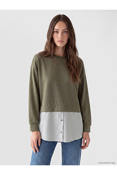 LC Waikiki Lcw Modest Green Soft Touch Striped Women's Sweatshirt Tunic