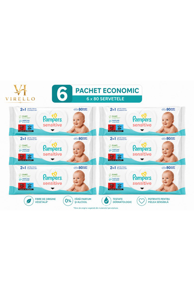 Pampers Set 6 pachete Șervețele Umede Sensitive, 80 buc/pachet, 480 șervețele