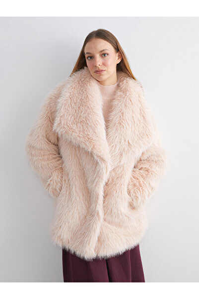 LC Waikiki Lcw modest pink jacket collar Oversized women Faux Fur Coat