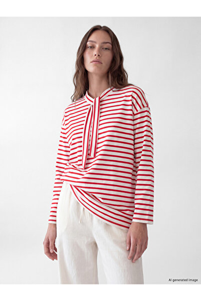 LC Waikiki Lcw Modest Red Striped Oversize Women's Sweatshirt Tunic
