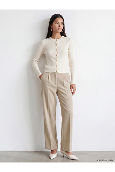 LC Waikiki Lcw Modest Beige Striped Women's Trousers with Elastic Waist