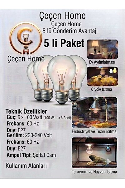 ÇEÇEN HOME 100W 220-240V E27 Şeffaf Isıtıcı Ampul - Ev Aydınlatma, Kümes Civc...