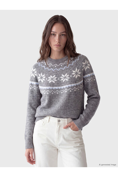LC Waikiki Lcw Modest Gray Crew Neck Patterned Women's Knitwear Sweater