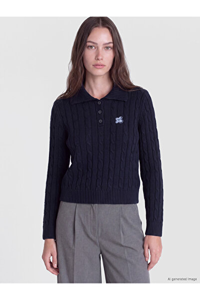 LC Waikiki Lcw Modest Navy Blue Polo Collar Patterned Women's Knitwear Sweater