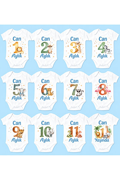 EYDUBABY 12-Piece Monthly Baby Bodysuit Set with Name-Specific Design