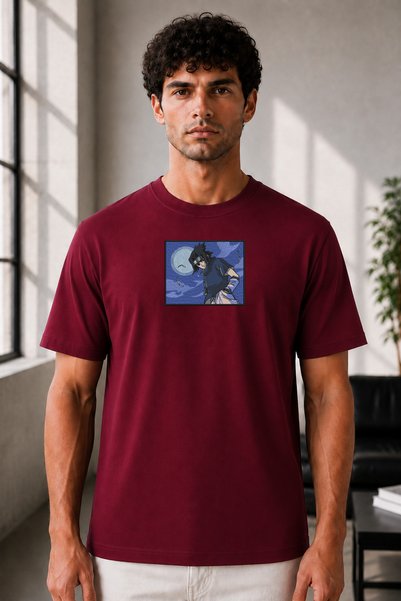 FAUNION Unisex Oversize Naruto Shippuden Sasuke Uchiha Embroidered Anime T-Sh...