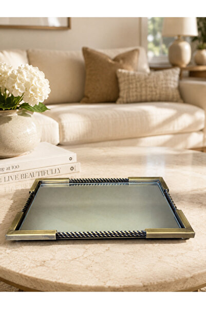 Hinora Antique Gold Metal Detailed Mirrored Decorative Tray 37X25 cm with Mes...