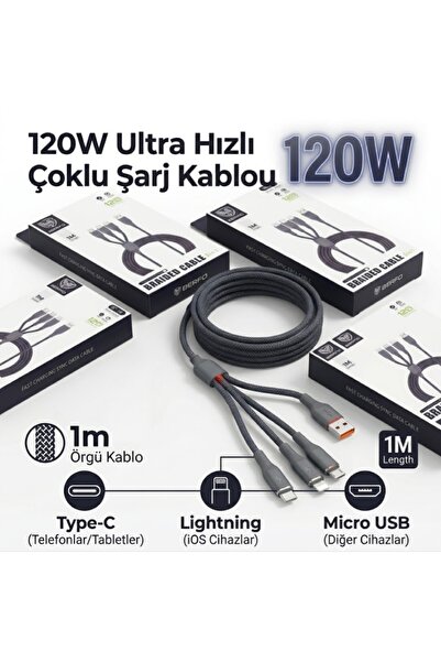 3in1 Çoklu Şarj Ve Data Kablosu , Örgü Kablo , 1 Metre , 120W Kablo