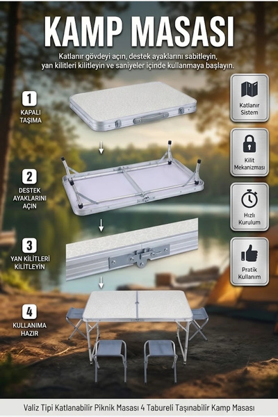 canrodi Masă de picnic pliabilă tip valiză cu 4 scaune Set portabil de camping