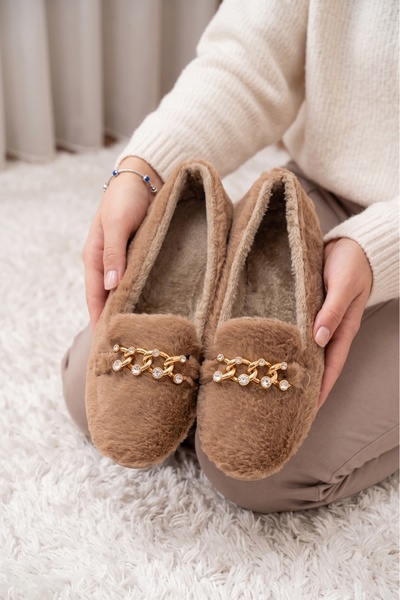 StWenn Women's Plush Home Ballerinas with Gold Chain and Stone Accessories, C...