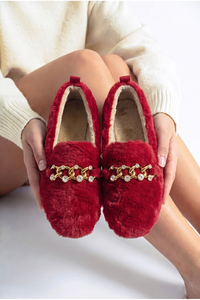 StWenn Women's Plush Home Ballerinas with Gold Chain and Stone Accessories, C...