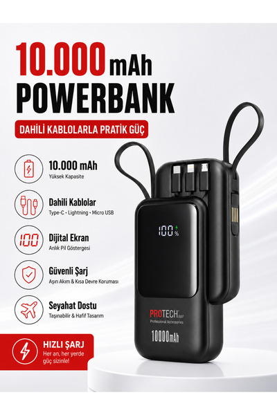 Moxti Cep BOY 10.000 mAh Dahili Kablolu Powerbank – Dijital Göstergeli, Hızlı...