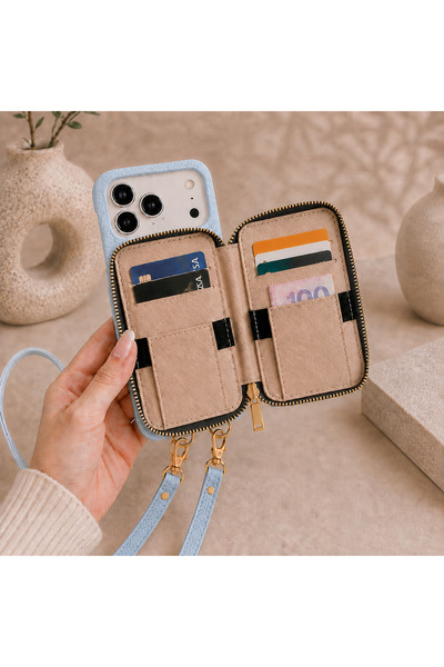 botyco iPhone 17 Pro Max (6.9 Inch) Compatible Premium Lux Leather Case with Open Sides, Slim Design, Wallet, Zipper, Card Holder, Crossbody Neck Strap, and Drawstring Strap
