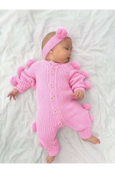 Minizade Baby Girl Pompom Knitwear Jumpsuit Bandana 2-Piece Set Red Newborn W...