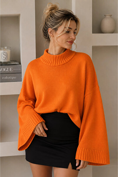 MetuCA Women's Orange Cotton Spanish Bat Sleeve High Neck Knitwear Sweater