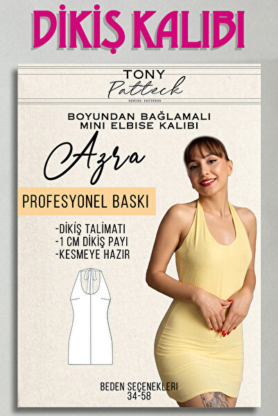 Tony Patteck Azra Boyundan Bağlamalı Elbise - Hazır Dikiş Kalıbı (34-58 Beden...