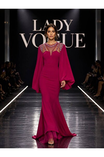 Lady Vogue Kadın Fuşya Taş İşlemeli Tül Detaylı Uzun Abiye Elbise