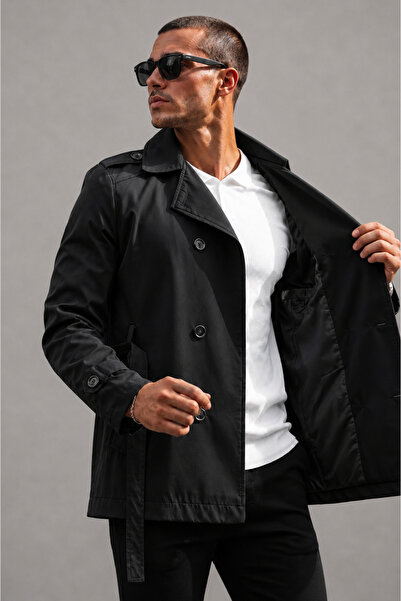 gm giyimarket Men's Seasonal Lined Double-Breasted Belted Trench Coat