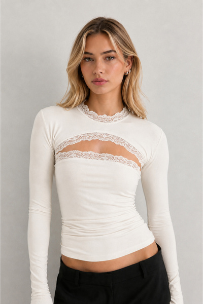 fablair Women's Lace Detailed Low-Cut Long Sleeve Stretchy Fabric Stylish Blouse
