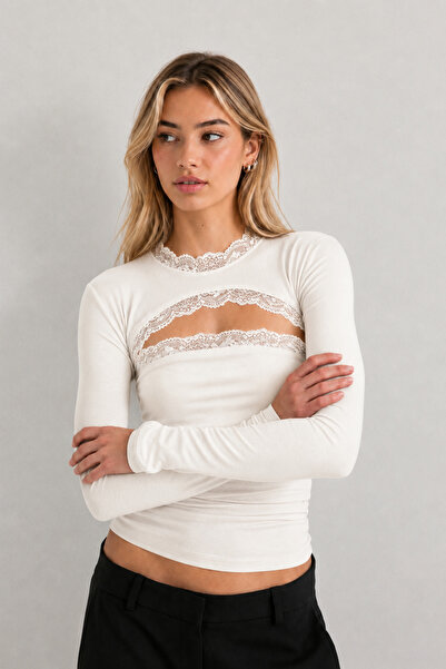 fablair Women's Lace Detailed Low-Cut Long Sleeve Stretchy Fabric Stylish Blouse