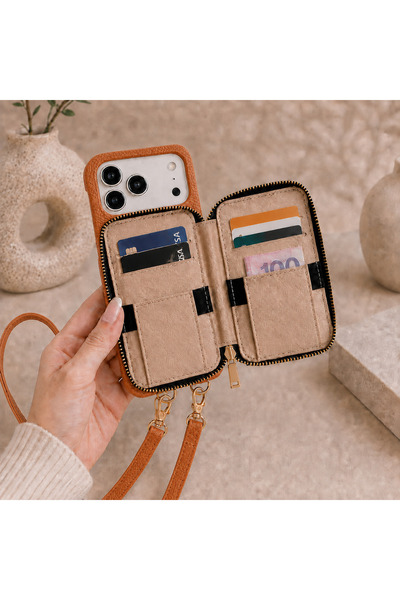 botyco iPhone 17 Pro (6.3 Inch) Compatible Premium Lux Leather Case with Open Sides, Slim Design, Wallet, Zipper, Card Holder, Crossbody Neck Strap, and Drawstring Strap