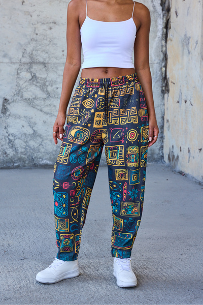 Superbluemexico Women's Street Style Printed Wrinkled Sports Baguette Pants