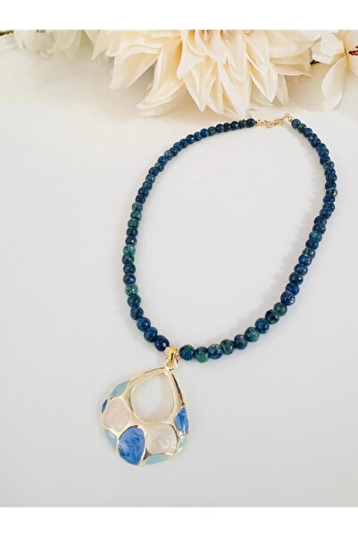 DEVİ fashion Natural Stone Enamel Drop Pendant Necklace 45 cm
