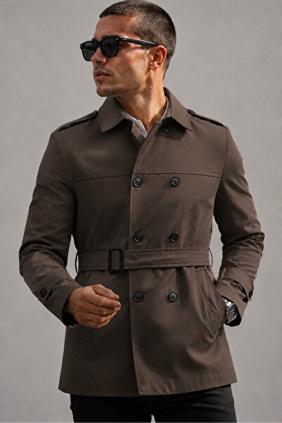 gm giyimarket Men's Seasonal Lined Double-Breasted Belted Trench Coat