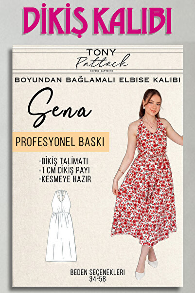 Tony Patteck Sena Boyundan Bağlamalı Elbise - Hazır Dikiş Kalıbı (34-58 Beden...