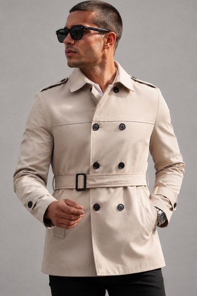 gm giyimarket Men's Seasonal Lined Double-Breasted Belted Trench Coat