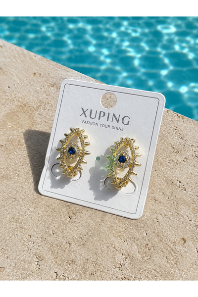Xuping 14k Altın Renk Mavi Zirkon Taşlı Göz Model Küpe-Kararmaz.VIP