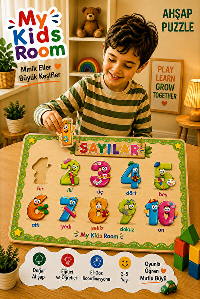 My Kids Room Sayılar 1-10 Ahşap Bul Tak Puzzle 2-5 Yaş Eğitici Öğretici Monte...