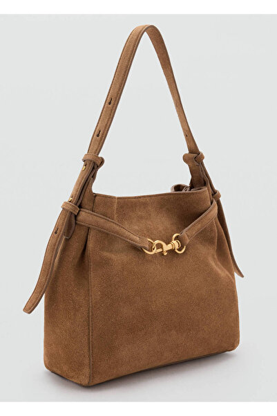 MANGO Woman Binicilik detaylı süet deri bucket çanta