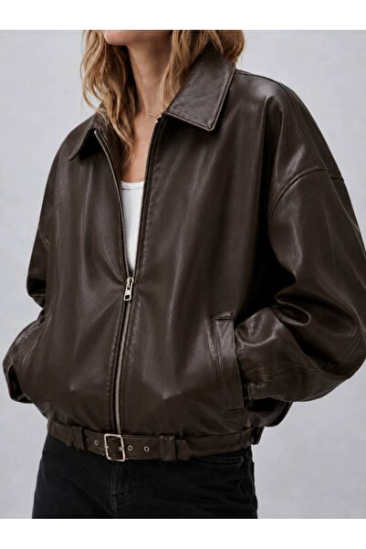 OHM OHEPMODA Women's Oversized Belted Leather Jacket with Pile Detail