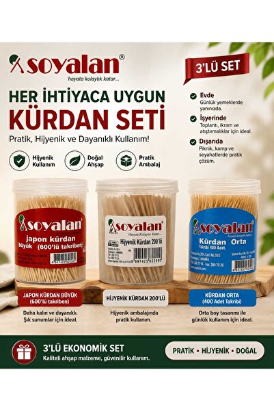 Soyalan 3'lü Kürdan Seti – Japon Büyük, Hijyenik 200'lü ve Orta Boy Kürdan Seti