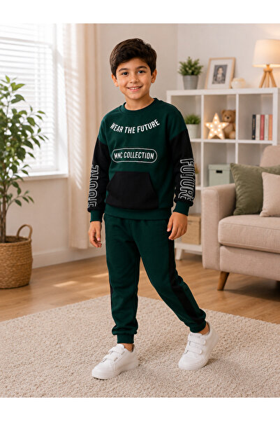 SERPİL Erkek Çocuk Yeşil Siyah Baskılı Eşofman Takımı – Uzun Kollu Sweatshirt...