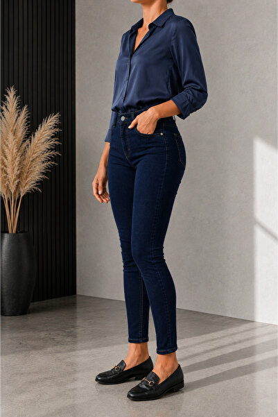 DELDNM Lilly Kadın Lacivert Yüksek Bel Likralı Dar Paça Jean Skinny Kot Pantolon