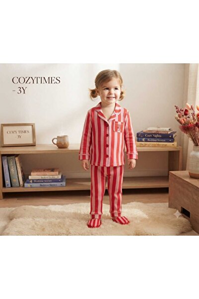 Kırmızı-Pembe Terlikli Yakalı Pijama Takımı