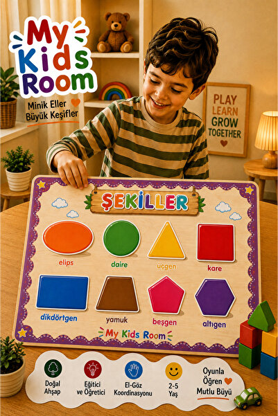 My Kids Room Şekiller Ahşap Bul Tak Puzzle 2-5 Yaş Eğitici Öğretici Montessor...