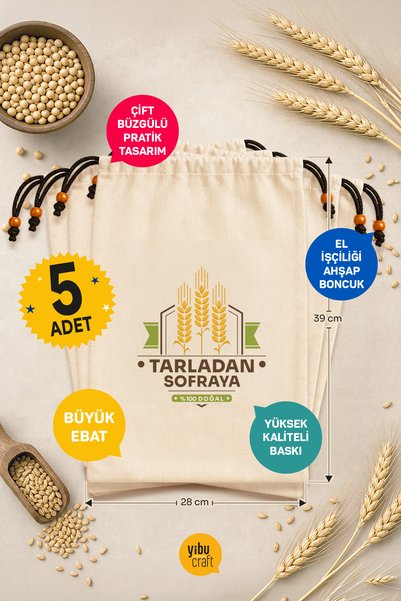 yibucraft | 5 Pieces |   Multi-Purpose Printed Legume Pouch Nuts Pouch and Dried Food Pouch - 100% Cotton Raw Cloth Fabric |   Model-04 |