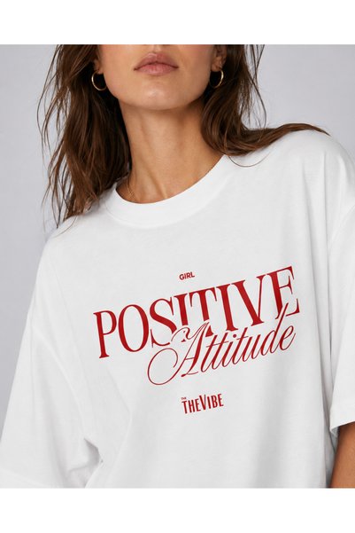 The Vibe Concept Positive Attitude Printed Women's Oversize White T-Shirt