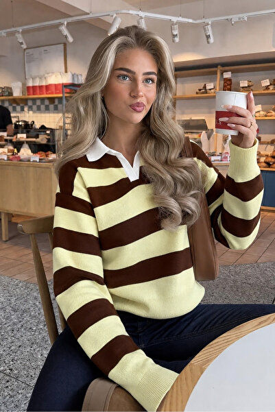 RB CLUB Women's Yellow Brown Striped Polo Collar Oversize Knitwear Sweater Rb007