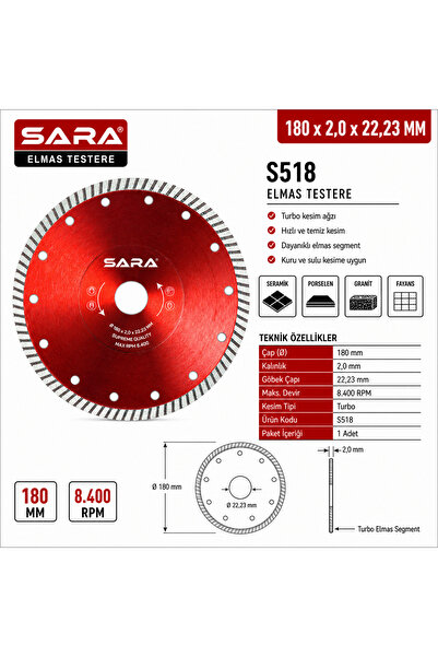 S518 180 mm Turbo Hassas Mermer Kesme Diski – 2,0 × 22,23 Mm, Maksimum 8.400 Rpm