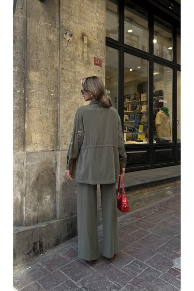 MİA NOURA Women's Front Sleeves with Bead Embroidery Tansel Fabric Bambir Ceken Pant Suit