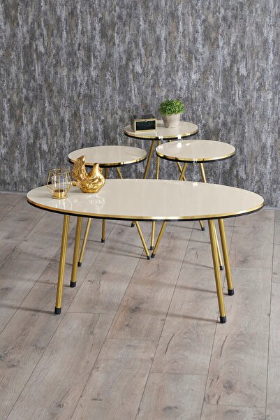 QUATTRO HOME Gold Metal Düz Ayaklı 4'lü Sehpa Seti Krem