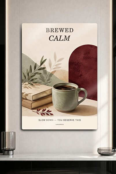 DekorHane Metalna slika - Napisano "Brewed Calm" na zelenoj šolji za kafu i k...