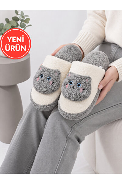 STOCON Mia Plush Cat Figured Women's House Slippers Soft Sole Dowry Slippers ...