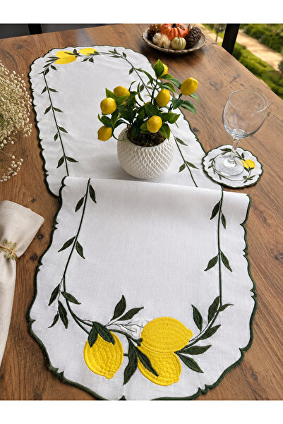 Linoria Home Gardenya Kumaş Nakışlı Limon Desenli Yeşil Kenarlı Runner 110x36...